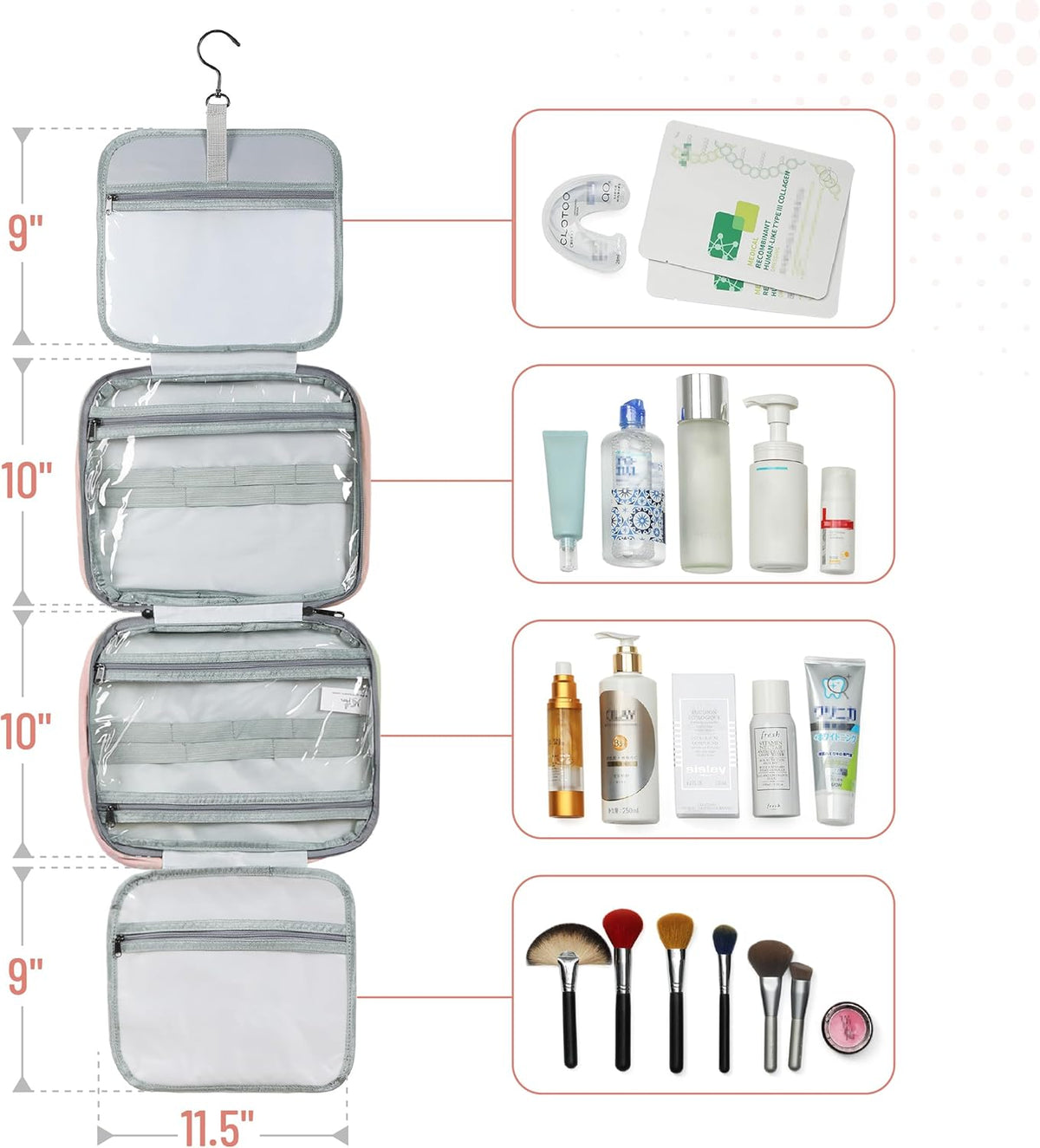 Travel Toiletry Bag Organizers, Baby Pink | Makeup Travel Bag for Toiletries with Hanging Hook, Water-Resistant