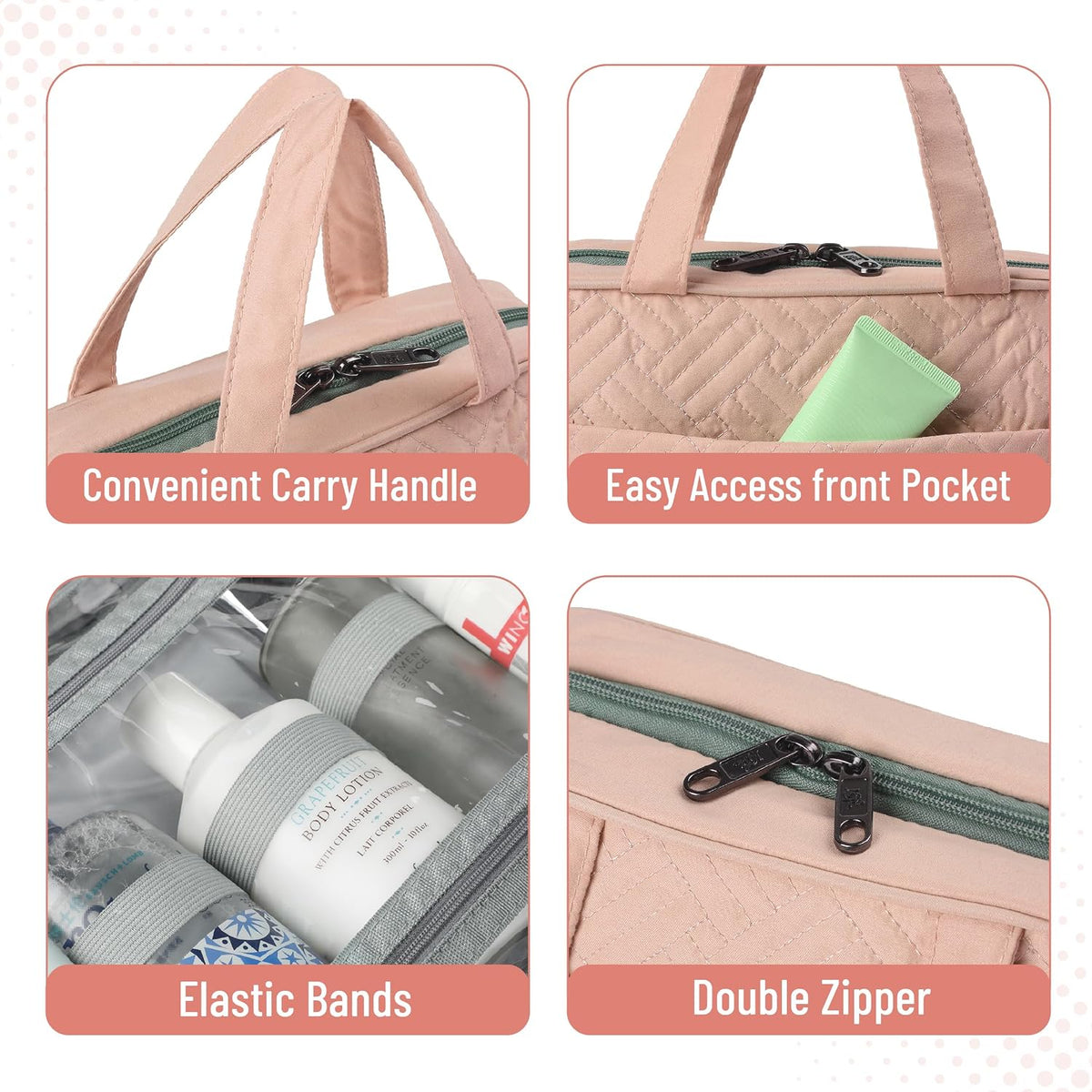 Travel Toiletry Bag Organizers, Baby Pink | Makeup Travel Bag for Toiletries with Hanging Hook, Water-Resistant