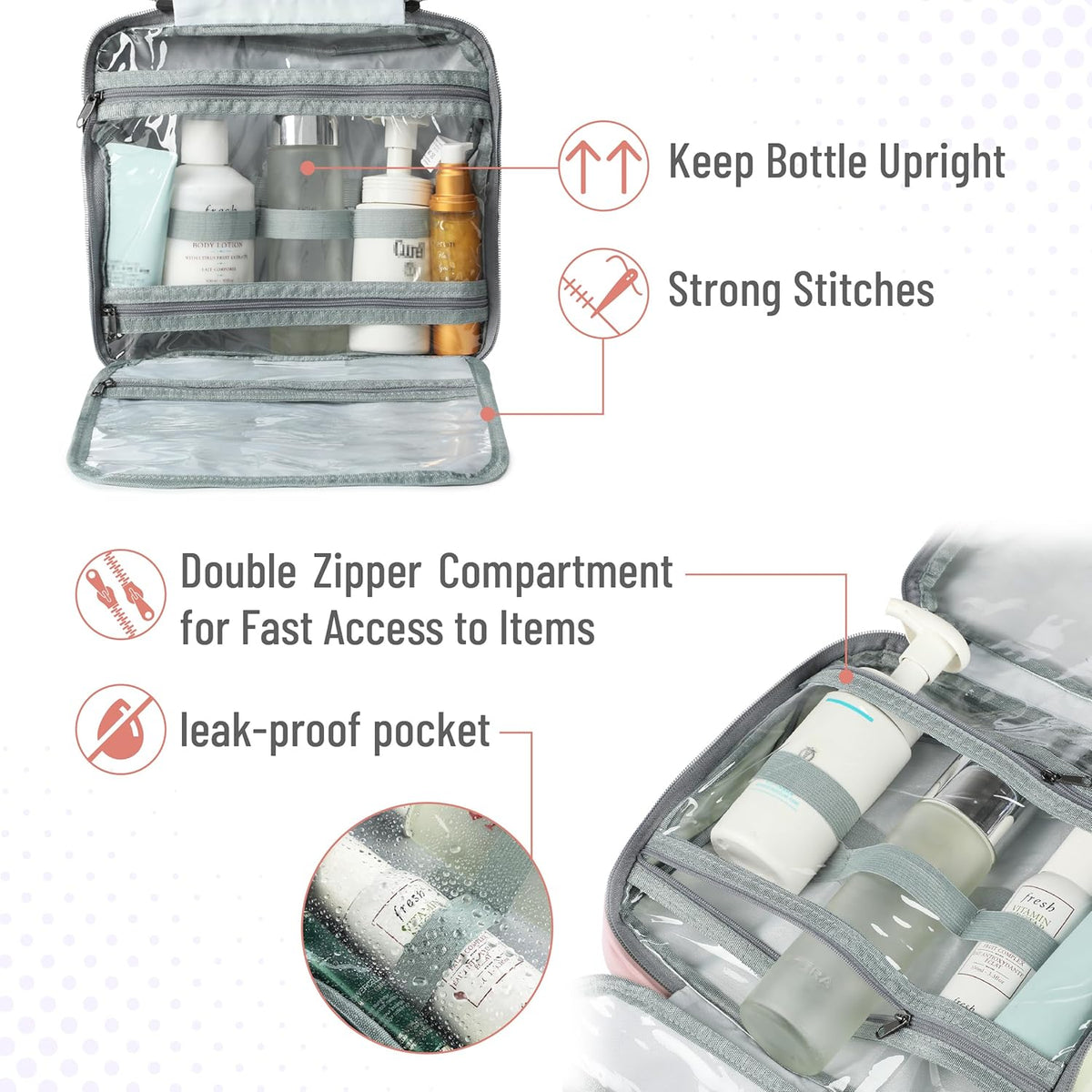 Travel Toiletry Bag Organizers, Baby Pink | Makeup Travel Bag for Toiletries with Hanging Hook, Water-Resistant