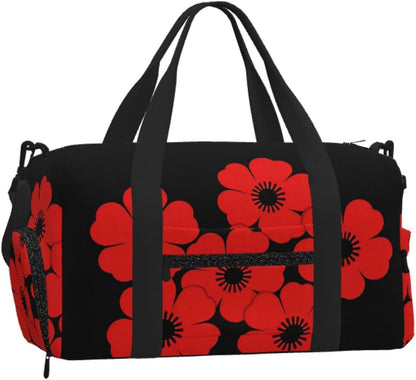 Red Poppy Duffel Bag with Shoe Compartment-Sports Gym Weekender for Men Women, Waterproof Travel Tote with Wet Pocket for Dirty Shoes