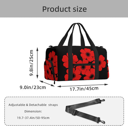 Red Poppy Duffel Bag with Shoe Compartment-Sports Gym Weekender for Men Women, Waterproof Travel Tote with Wet Pocket for Dirty Shoes
