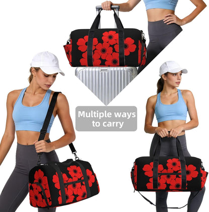 Red Poppy Duffel Bag with Shoe Compartment-Sports Gym Weekender for Men Women, Waterproof Travel Tote with Wet Pocket for Dirty Shoes