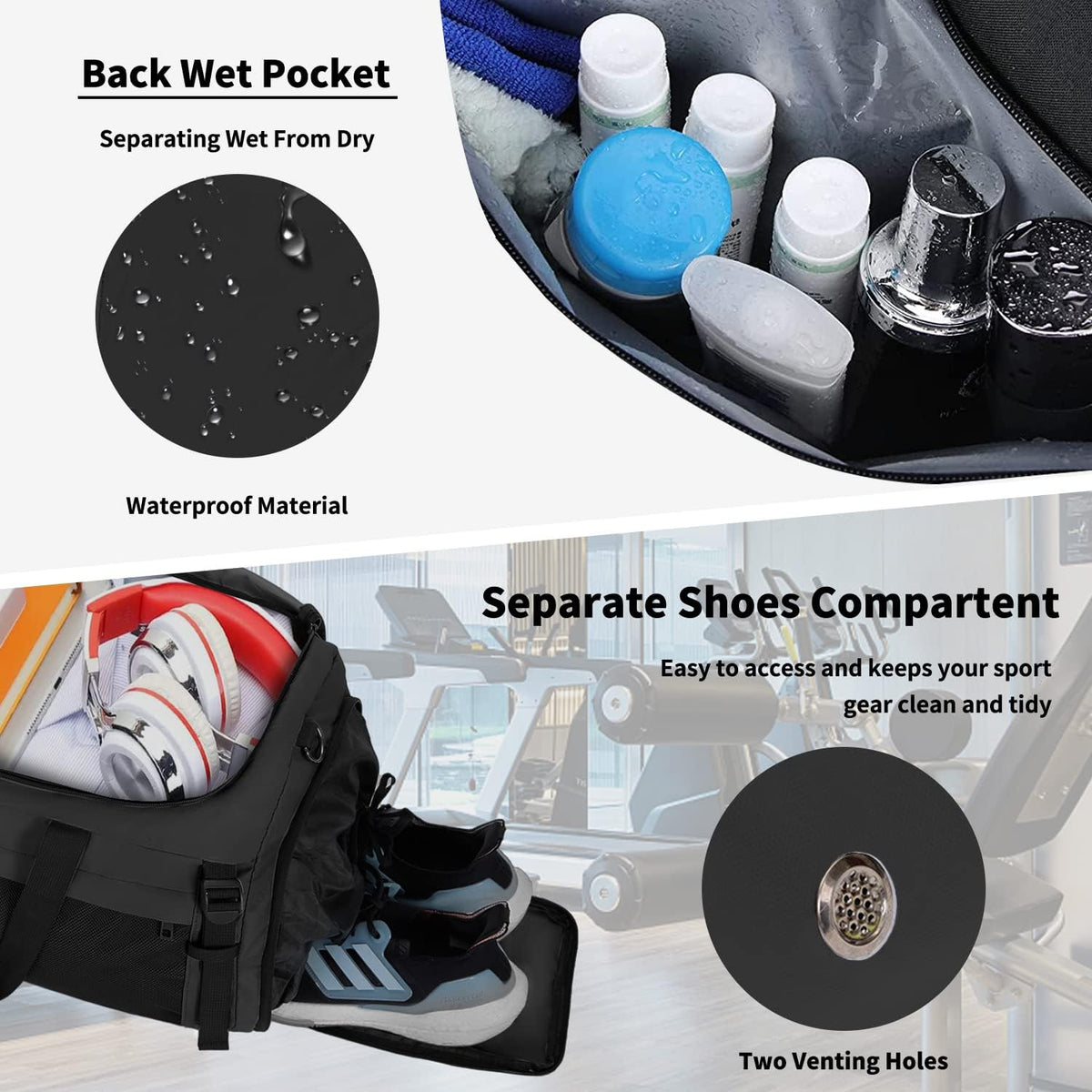 Large Sports Gym Bag, Travel Duffel bag with Wet Pocket & Shoes Compartment for men women, 65L, Lightweight