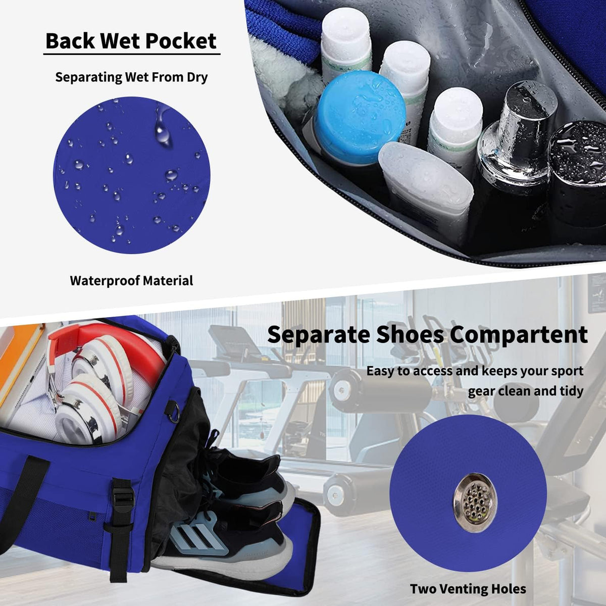 Large Sports Gym Bag, Travel Duffel bag with Wet Pocket & Shoes Compartment for men women, 65L, Lightweight