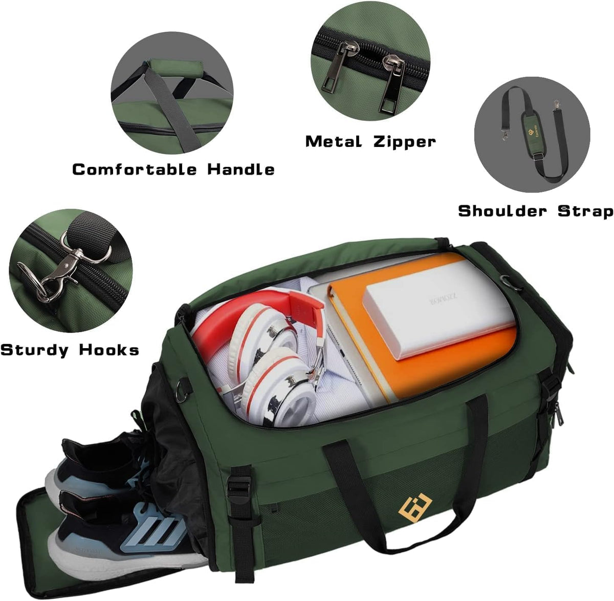 Large Sports Gym Bag, Travel Duffel bag with Wet Pocket & Shoes Compartment for men women, 65L, Lightweight