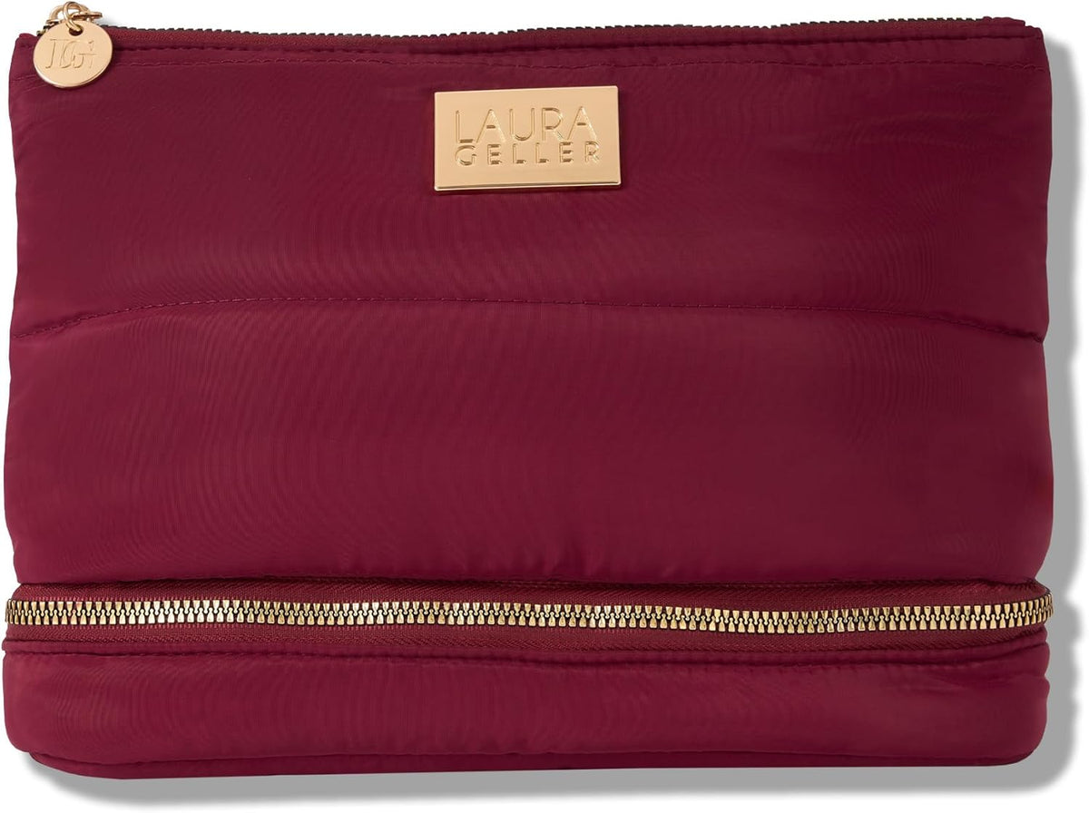 NEW YORK Quilted Makeup Bag with Brush Case, Burgundy - Toiletry Bag Organizer for Travel - Large Capacity Full Size Makeup Bag - Easy to Clean