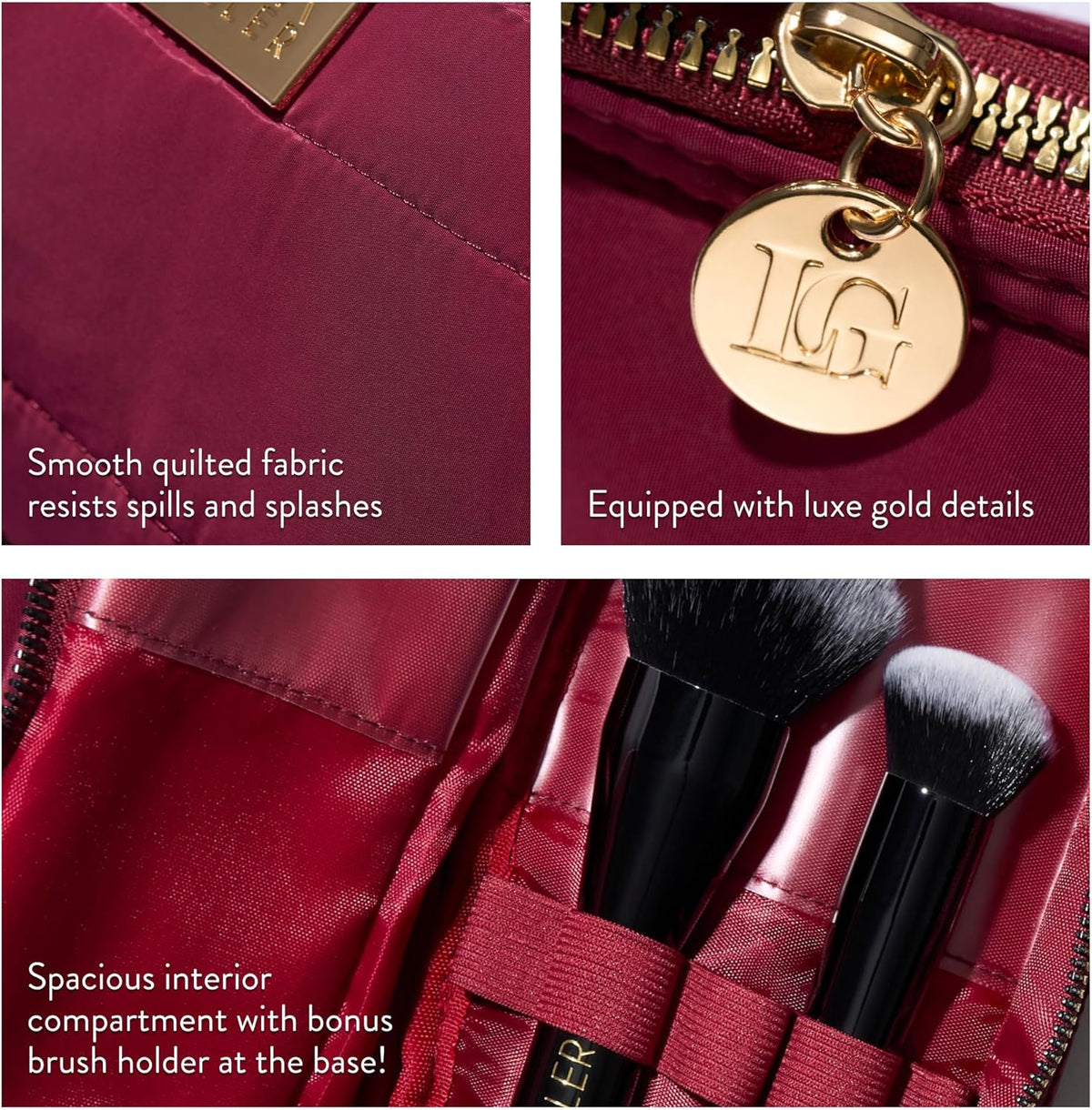 NEW YORK Quilted Makeup Bag with Brush Case, Burgundy - Toiletry Bag Organizer for Travel - Large Capacity Full Size Makeup Bag - Easy to Clean