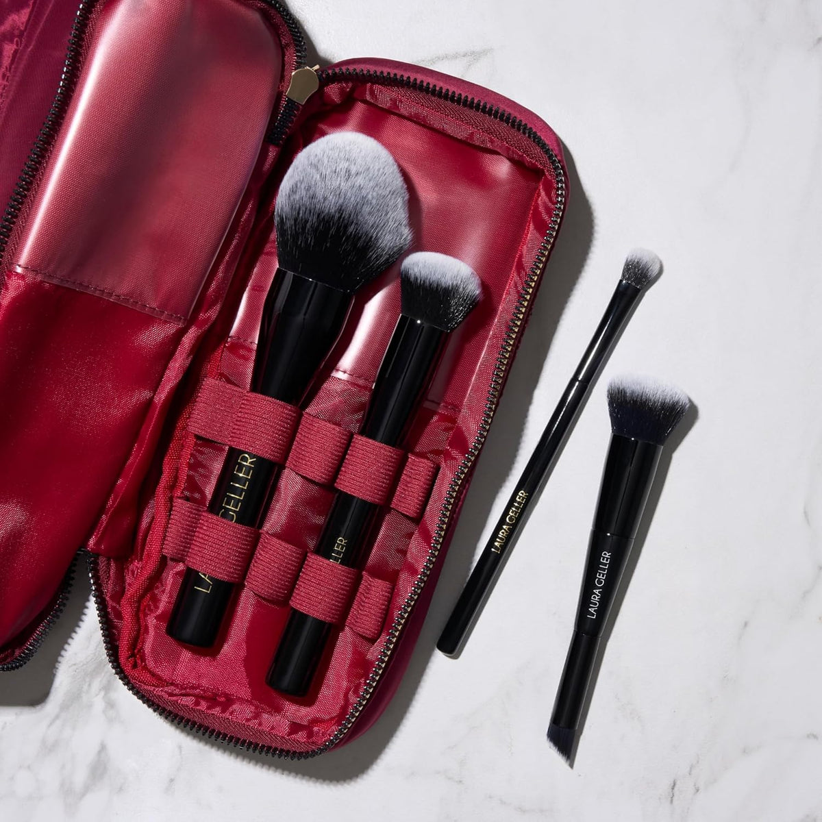 NEW YORK Quilted Makeup Bag with Brush Case, Burgundy - Toiletry Bag Organizer for Travel - Large Capacity Full Size Makeup Bag - Easy to Clean