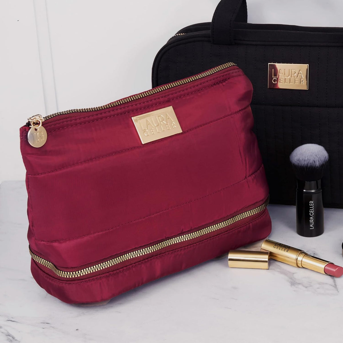 NEW YORK Quilted Makeup Bag with Brush Case, Burgundy - Toiletry Bag Organizer for Travel - Large Capacity Full Size Makeup Bag - Easy to Clean