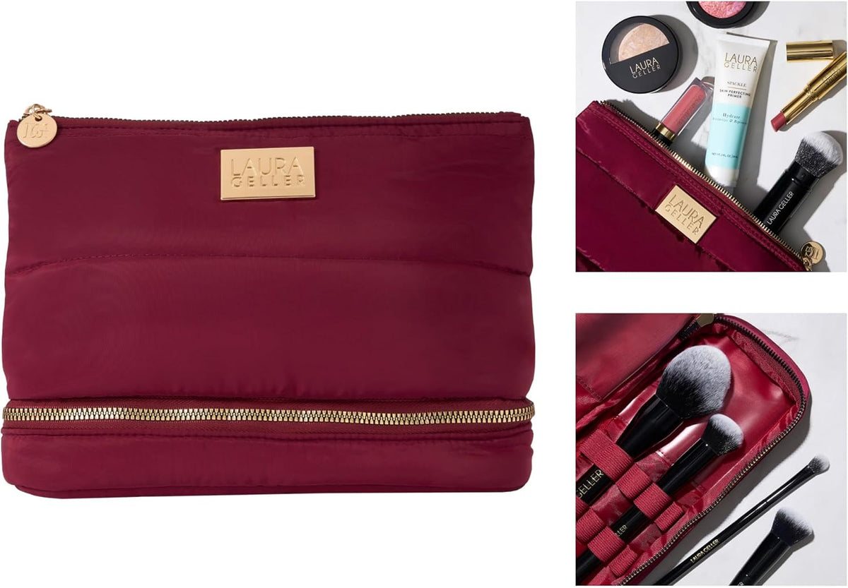 NEW YORK Quilted Makeup Bag with Brush Case, Burgundy - Toiletry Bag Organizer for Travel - Large Capacity Full Size Makeup Bag - Easy to Clean