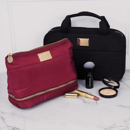 NEW YORK Quilted Makeup Bag with Brush Case, Burgundy - Toiletry Bag Organizer for Travel - Large Capacity Full Size Makeup Bag - Easy to Clean