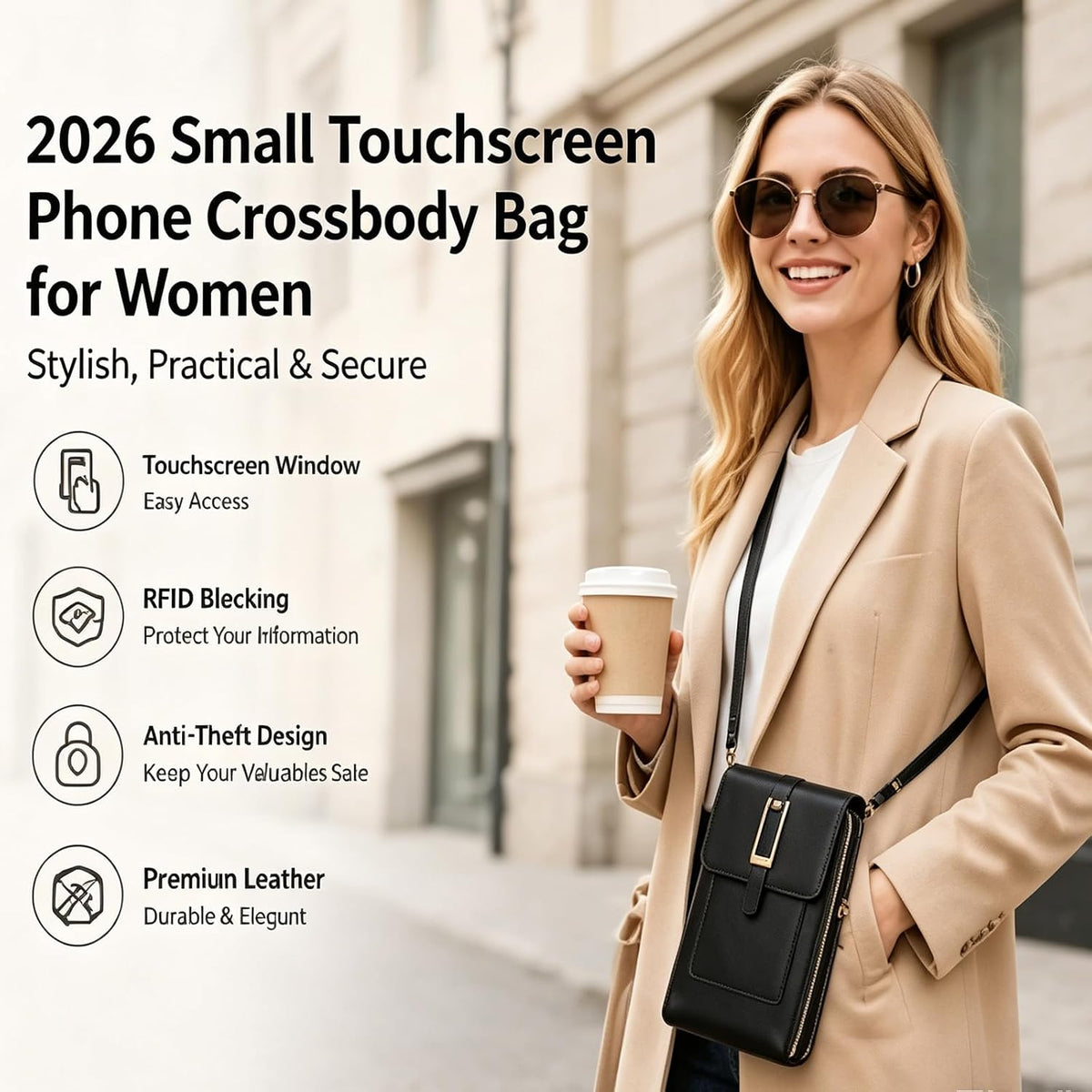 Crossbody Phone Wallet - Anti Theft Leather Bag, Touchscreen Phone Crossbody Bag for Women, RFID Leather Wallet Purse