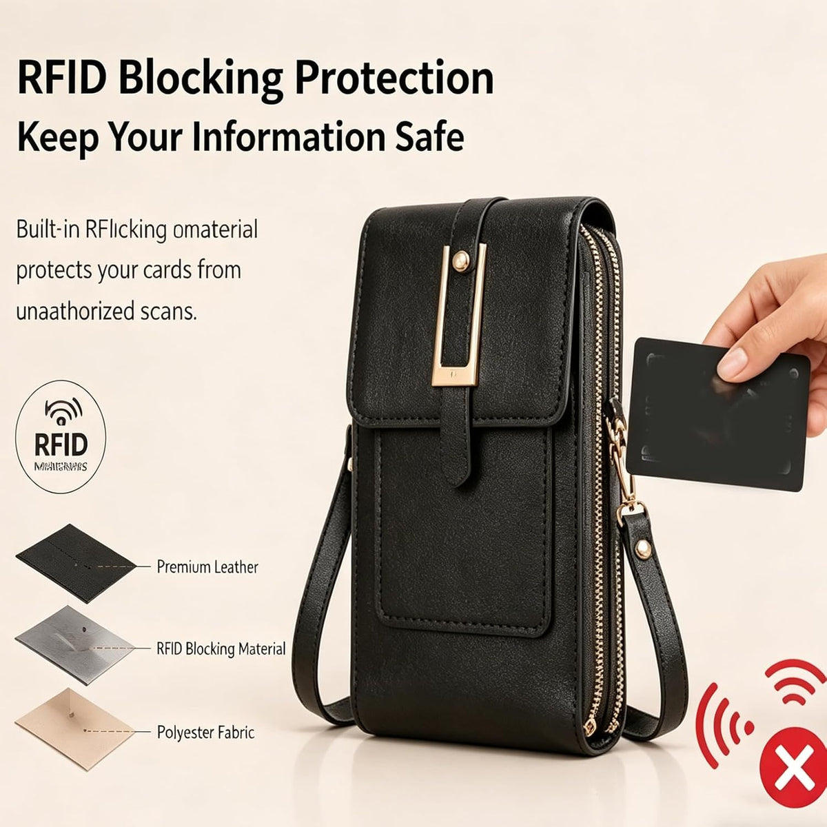 Crossbody Phone Wallet - Anti Theft Leather Bag, Touchscreen Phone Crossbody Bag for Women, RFID Leather Wallet Purse