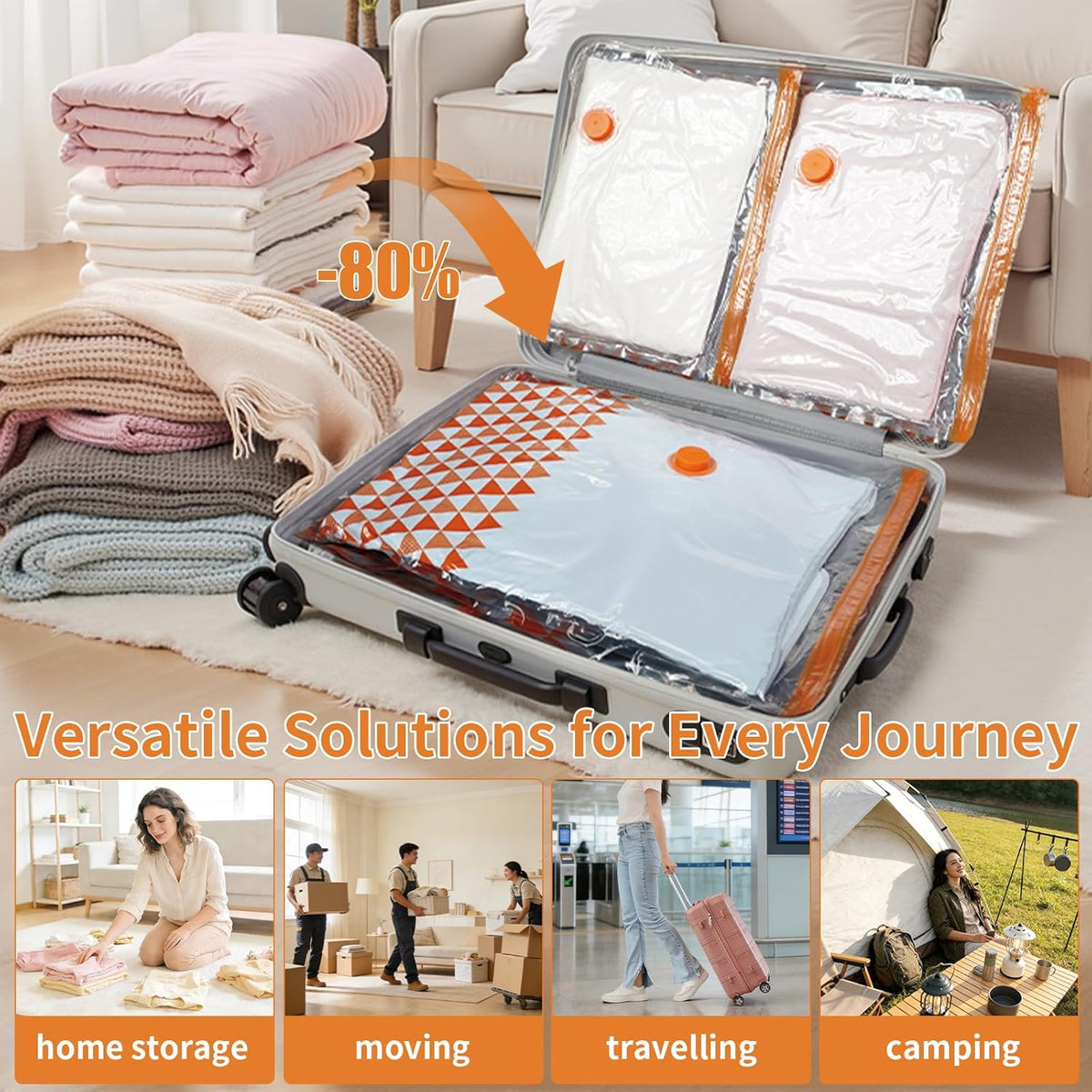 Vacuum Seal Bags for Clothing Travel, Large Space Saver Storage Bags (15 Pack) - Thickened Waterproof Compression Packing Cubes for Luggage, Mattress & Blanket Storage, Hand Pump Included