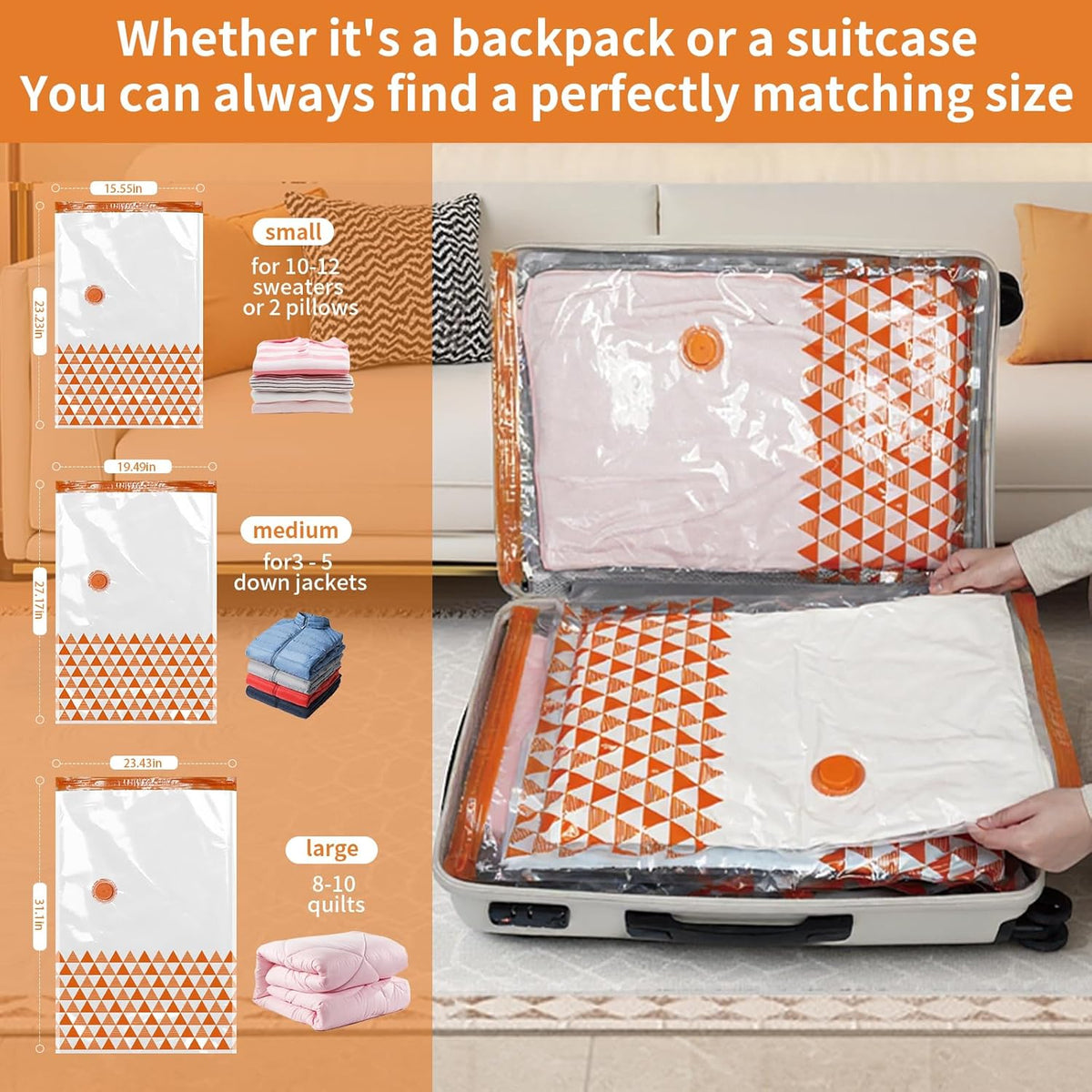 Vacuum Seal Bags for Clothing Travel, Large Space Saver Storage Bags (15 Pack) - Thickened Waterproof Compression Packing Cubes for Luggage, Mattress & Blanket Storage, Hand Pump Included