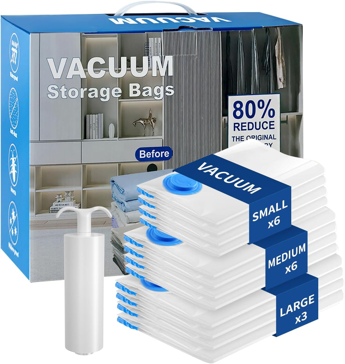 Vacuum Seal Bags for Clothing Travel, Large Space Saver Storage Bags (15 Pack) - Thickened Waterproof Compression Packing Cubes for Luggage, Mattress & Blanket Storage, Hand Pump Included