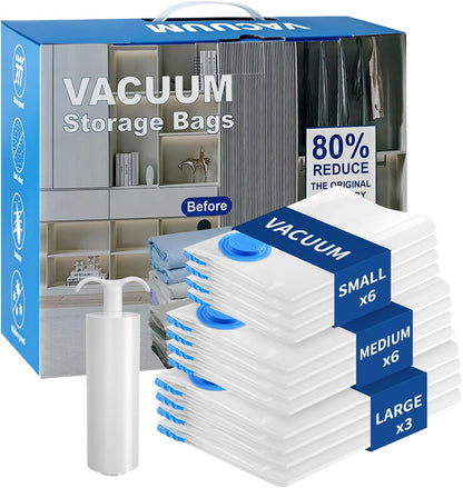 Vacuum Seal Bags for Clothing Travel, Large Space Saver Storage Bags (15 Pack) - Thickened Waterproof Compression Packing Cubes for Luggage, Mattress & Blanket Storage, Hand Pump Included