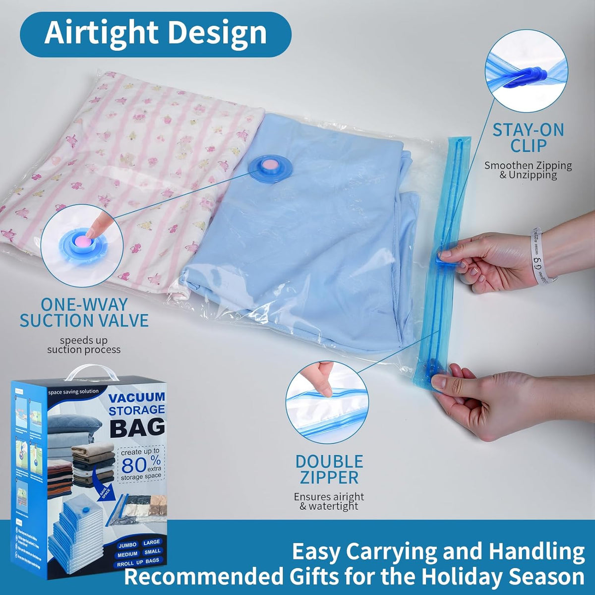 Vacuum Seal Bags for Clothing Travel, Large Space Saver Storage Bags (15 Pack) - Thickened Waterproof Compression Packing Cubes for Luggage, Mattress & Blanket Storage, Hand Pump Included
