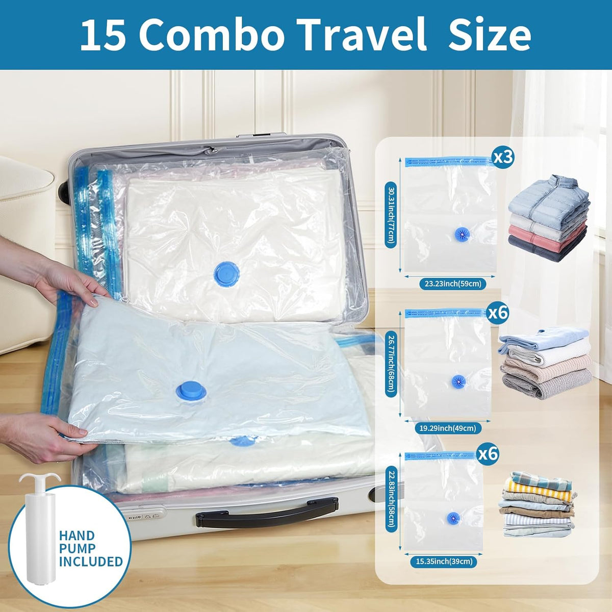 Vacuum Seal Bags for Clothing Travel, Large Space Saver Storage Bags (15 Pack) - Thickened Waterproof Compression Packing Cubes for Luggage, Mattress & Blanket Storage, Hand Pump Included