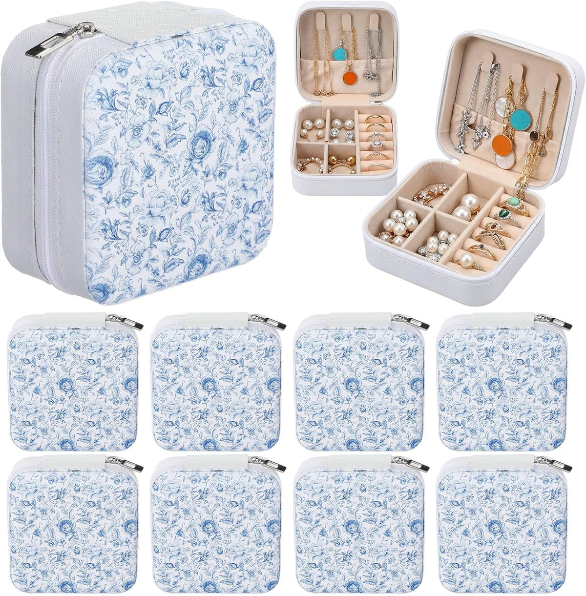 8 Pcs Blue and White Floral Travel Jewelry Case Bulk Small Bridesmaid Jewelry Organizers and Storage Box Gifts Little Accessories Holder Tiny Wedding Bridal Party Favors for Women