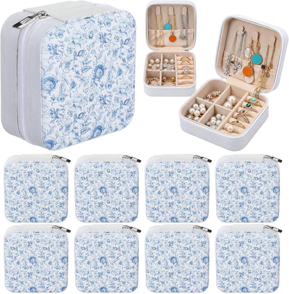 8 Pcs Blue and White Floral Travel Jewelry Case Bulk Small Bridesmaid Jewelry Organizers and Storage Box Gifts Little Accessories Holder Tiny Wedding Bridal Party Favors for Women