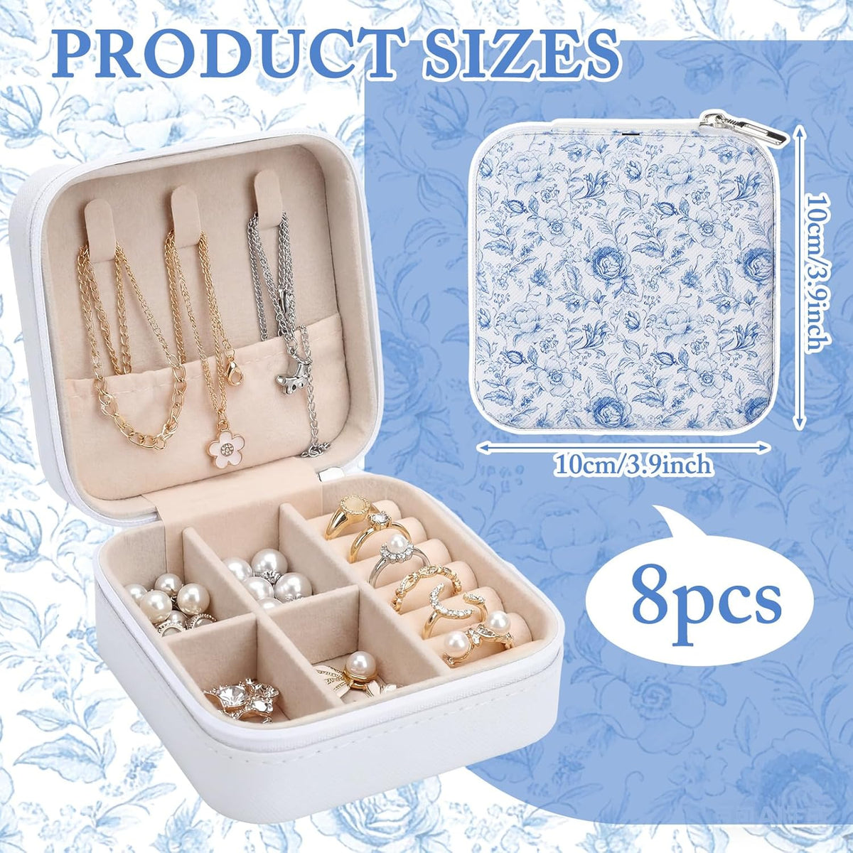 8 Pcs Blue and White Floral Travel Jewelry Case Bulk Small Bridesmaid Jewelry Organizers and Storage Box Gifts Little Accessories Holder Tiny Wedding Bridal Party Favors for Women