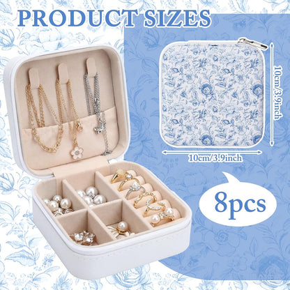8 Pcs Blue and White Floral Travel Jewelry Case Bulk Small Bridesmaid Jewelry Organizers and Storage Box Gifts Little Accessories Holder Tiny Wedding Bridal Party Favors for Women