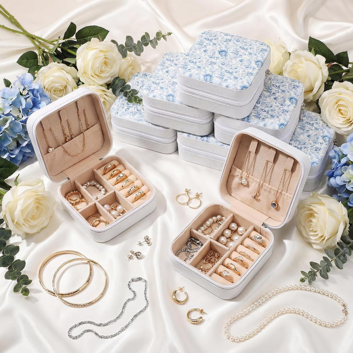 8 Pcs Blue and White Floral Travel Jewelry Case Bulk Small Bridesmaid Jewelry Organizers and Storage Box Gifts Little Accessories Holder Tiny Wedding Bridal Party Favors for Women
