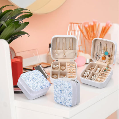 8 Pcs Blue and White Floral Travel Jewelry Case Bulk Small Bridesmaid Jewelry Organizers and Storage Box Gifts Little Accessories Holder Tiny Wedding Bridal Party Favors for Women