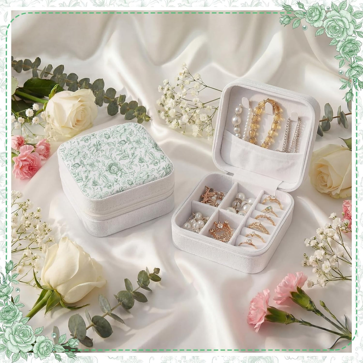 8 Pcs Blue and White Floral Travel Jewelry Case Bulk Small Bridesmaid Jewelry Organizers and Storage Box Gifts Little Accessories Holder Tiny Wedding Bridal Party Favors for Women