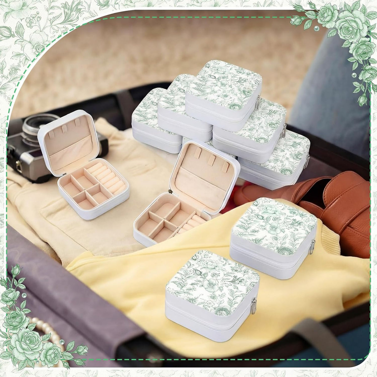 8 Pcs Blue and White Floral Travel Jewelry Case Bulk Small Bridesmaid Jewelry Organizers and Storage Box Gifts Little Accessories Holder Tiny Wedding Bridal Party Favors for Women