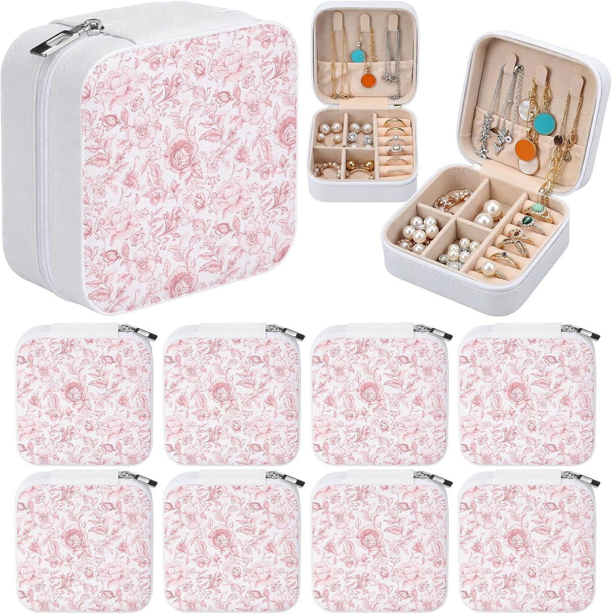 8 Pcs Blue and White Floral Travel Jewelry Case Bulk Small Bridesmaid Jewelry Organizers and Storage Box Gifts Little Accessories Holder Tiny Wedding Bridal Party Favors for Women