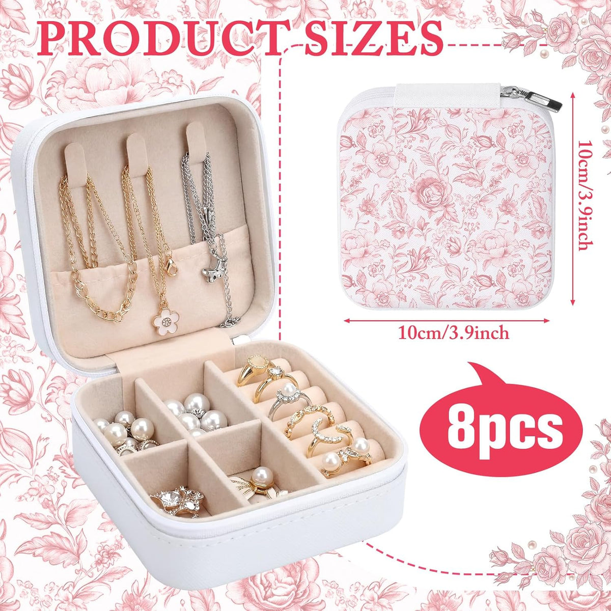 8 Pcs Blue and White Floral Travel Jewelry Case Bulk Small Bridesmaid Jewelry Organizers and Storage Box Gifts Little Accessories Holder Tiny Wedding Bridal Party Favors for Women
