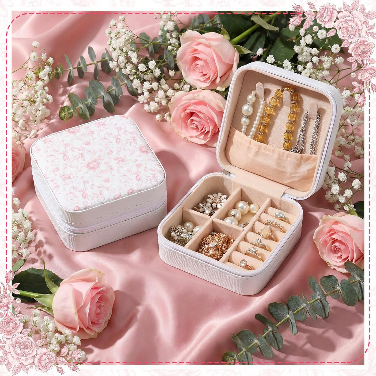 8 Pcs Blue and White Floral Travel Jewelry Case Bulk Small Bridesmaid Jewelry Organizers and Storage Box Gifts Little Accessories Holder Tiny Wedding Bridal Party Favors for Women
