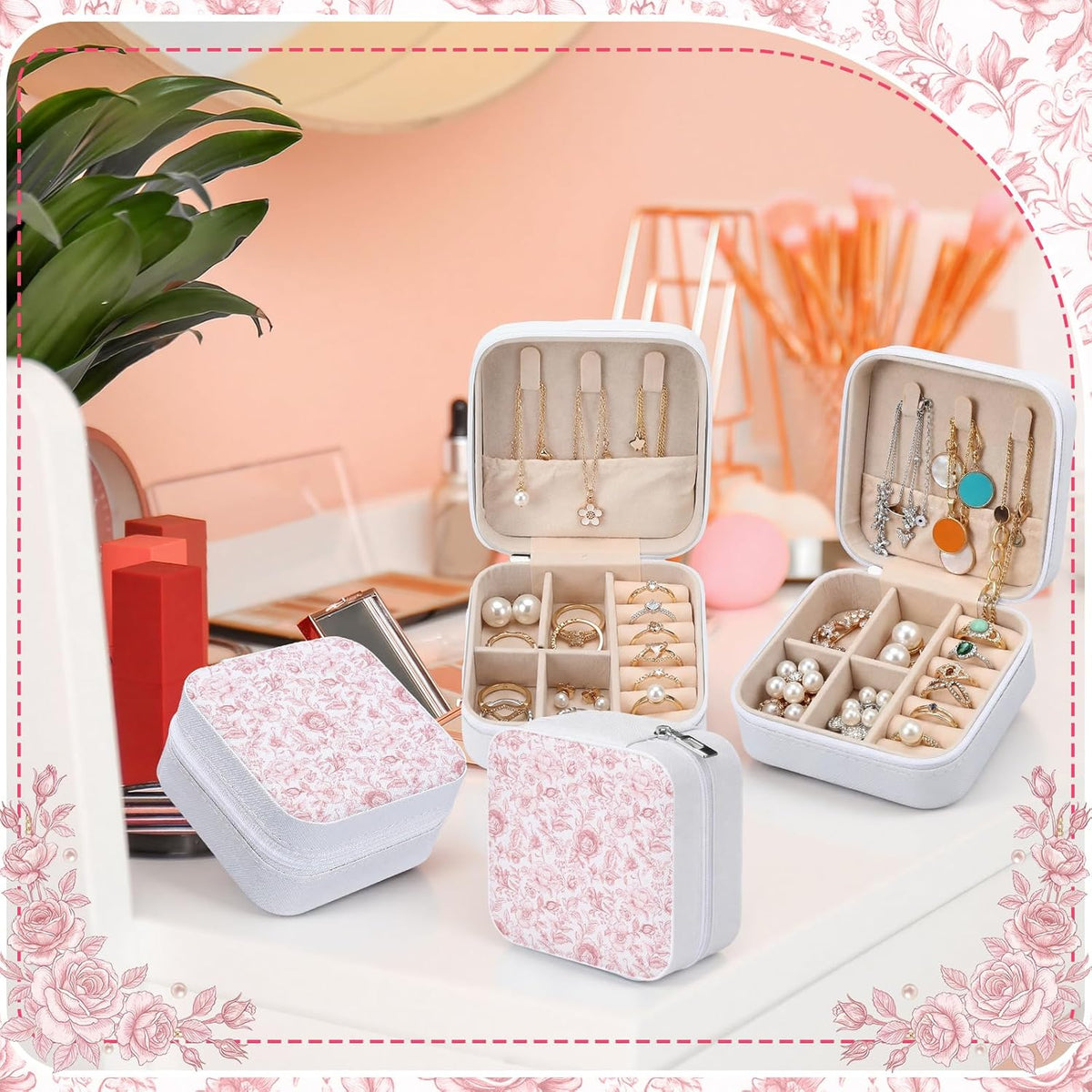 8 Pcs Blue and White Floral Travel Jewelry Case Bulk Small Bridesmaid Jewelry Organizers and Storage Box Gifts Little Accessories Holder Tiny Wedding Bridal Party Favors for Women