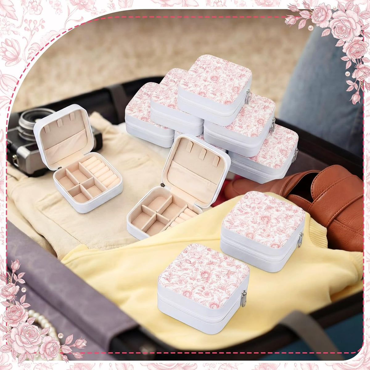 8 Pcs Blue and White Floral Travel Jewelry Case Bulk Small Bridesmaid Jewelry Organizers and Storage Box Gifts Little Accessories Holder Tiny Wedding Bridal Party Favors for Women
