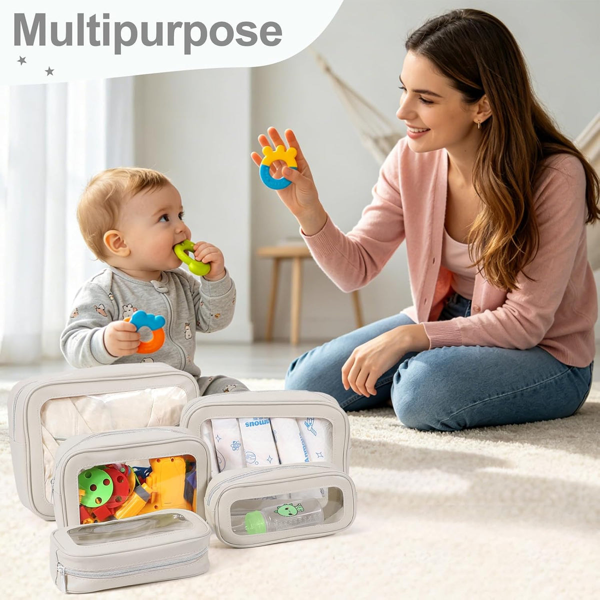 5PCS Diaper Bag Organizer Pouch, Clear TPU Waterproof Organizer Zipper Bags, Cosmetic Bag Set, TSA Approved Toiletry Bags, Travel Organizer Bag for Kids and Women