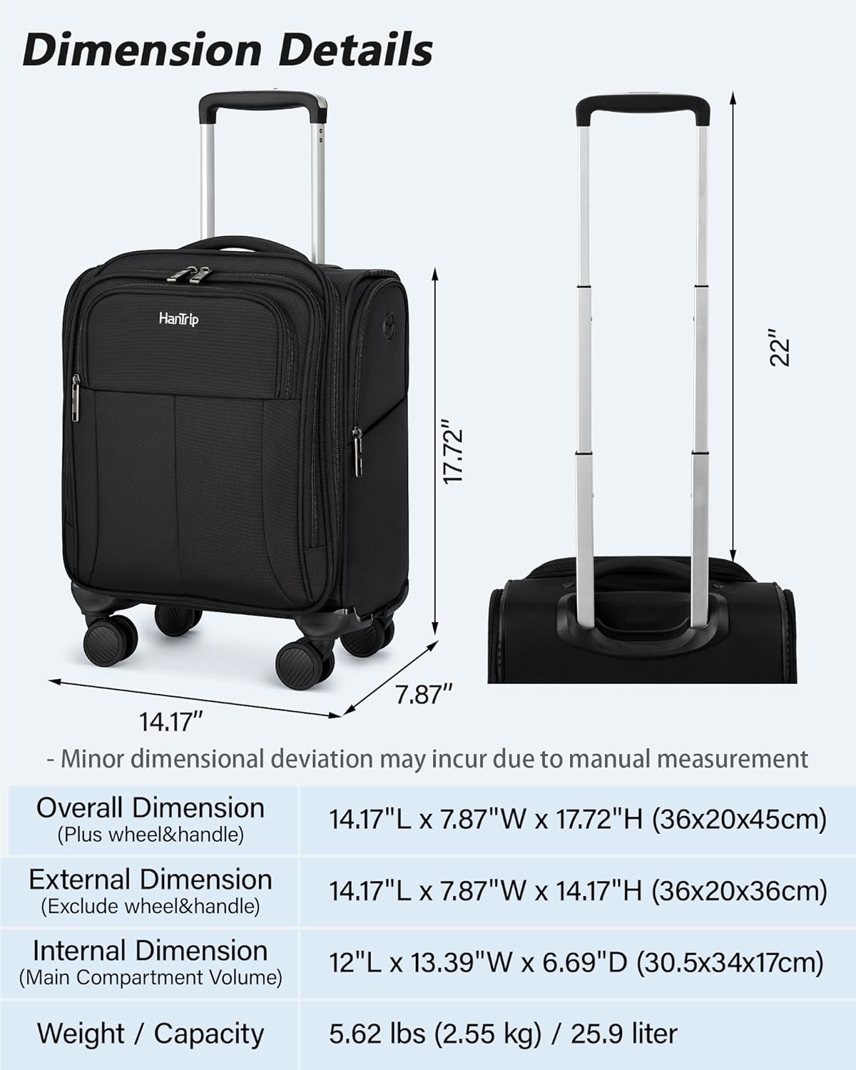 16 Inch Underseat Carry On Luggage with Wheels Softside Small Suitcases Personal Item Bag with Pocket Travel Luggage for Men Women Business Overnight Bag(Black)