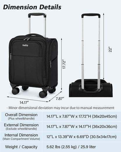 16 Inch Underseat Carry On Luggage with Wheels Softside Small Suitcases Personal Item Bag with Pocket Travel Luggage for Men Women Business Overnight Bag(Black)