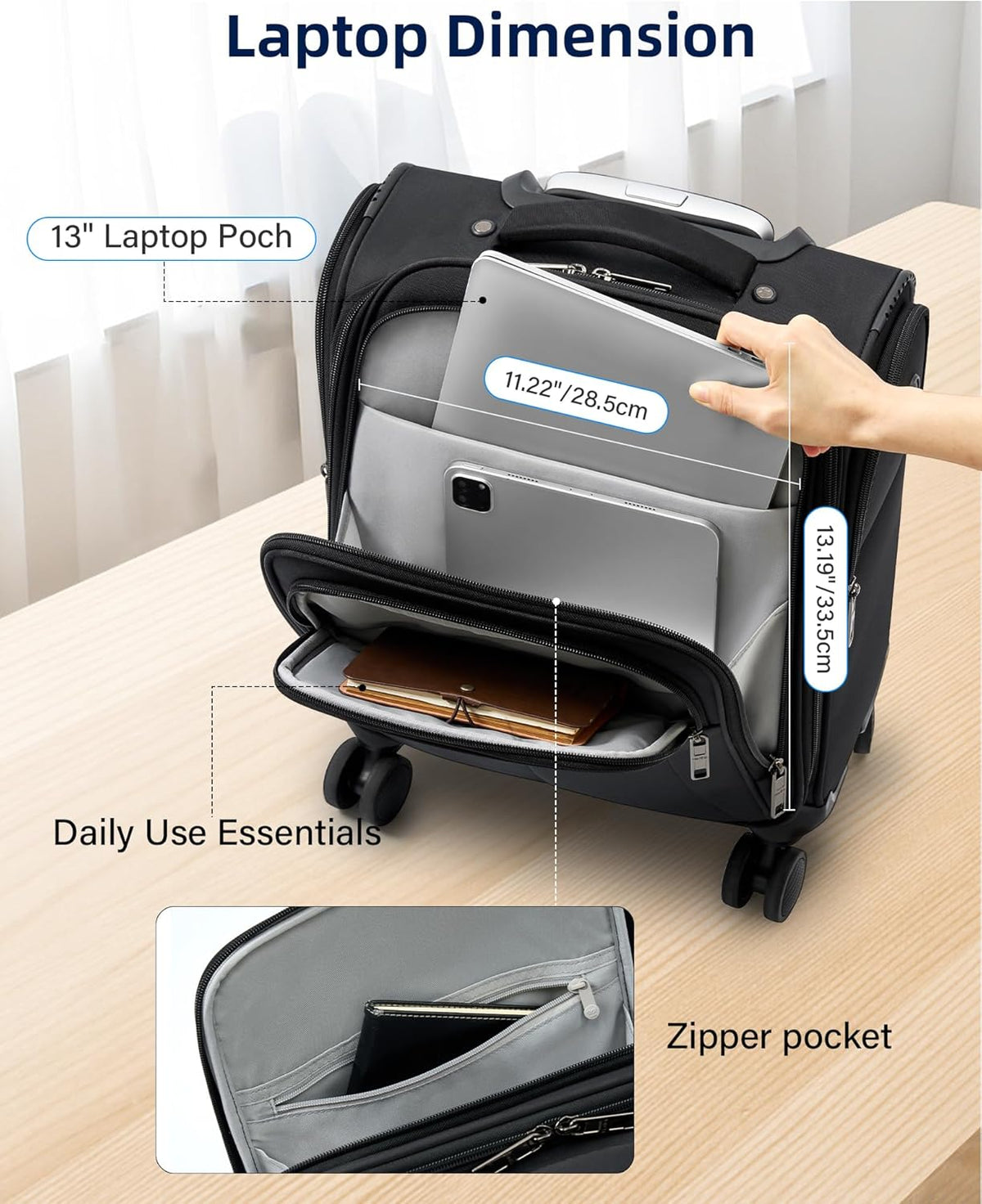 16 Inch Underseat Carry On Luggage with Wheels Softside Small Suitcases Personal Item Bag with Pocket Travel Luggage for Men Women Business Overnight Bag(Black)