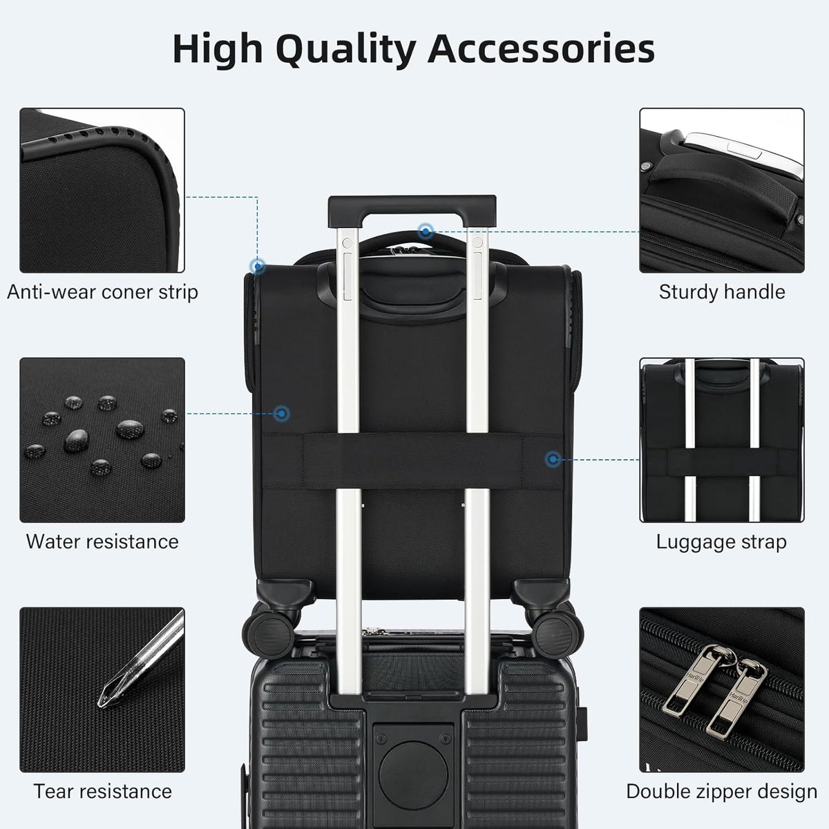 16 Inch Underseat Carry On Luggage with Wheels Softside Small Suitcases Personal Item Bag with Pocket Travel Luggage for Men Women Business Overnight Bag(Black)