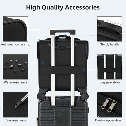16 Inch Underseat Carry On Luggage with Wheels Softside Small Suitcases Personal Item Bag with Pocket Travel Luggage for Men Women Business Overnight Bag(Black)