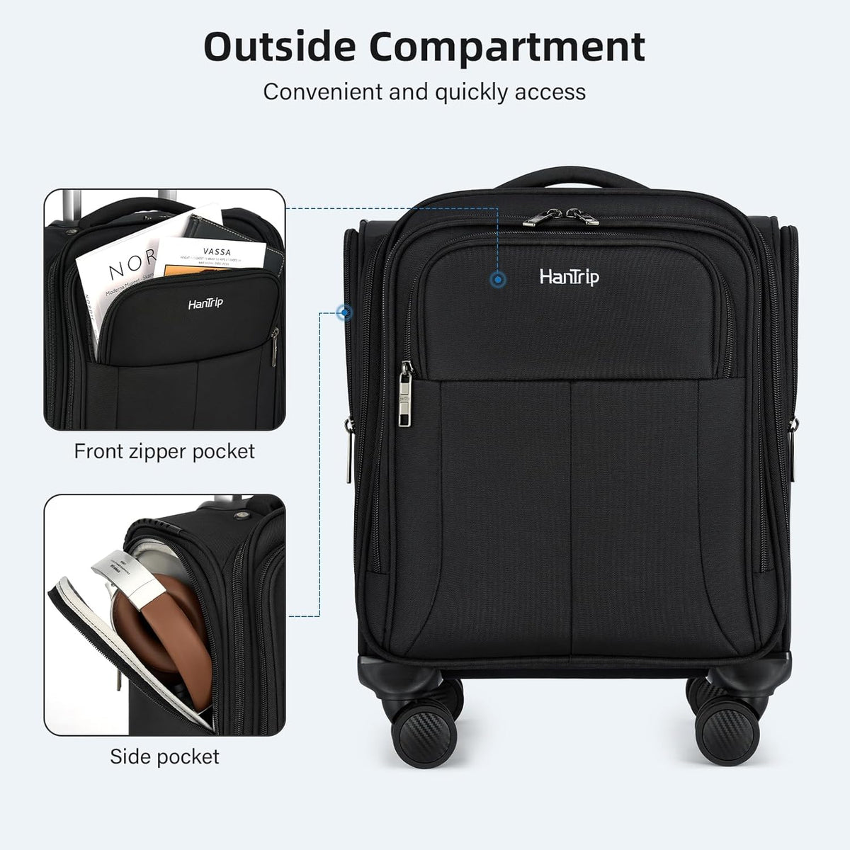 16 Inch Underseat Carry On Luggage with Wheels Softside Small Suitcases Personal Item Bag with Pocket Travel Luggage for Men Women Business Overnight Bag(Black)