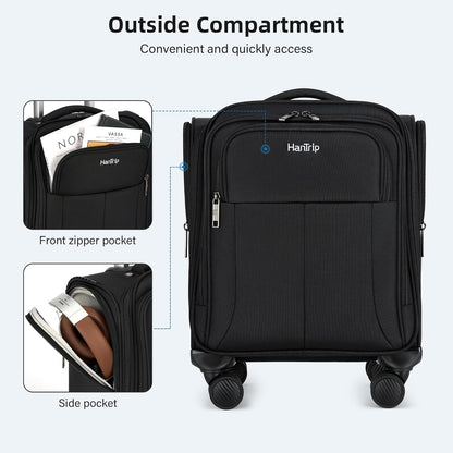 16 Inch Underseat Carry On Luggage with Wheels Softside Small Suitcases Personal Item Bag with Pocket Travel Luggage for Men Women Business Overnight Bag(Black)