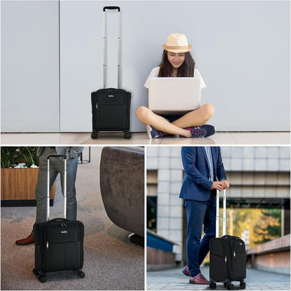 16 Inch Underseat Carry On Luggage with Wheels Softside Small Suitcases Personal Item Bag with Pocket Travel Luggage for Men Women Business Overnight Bag(Black)