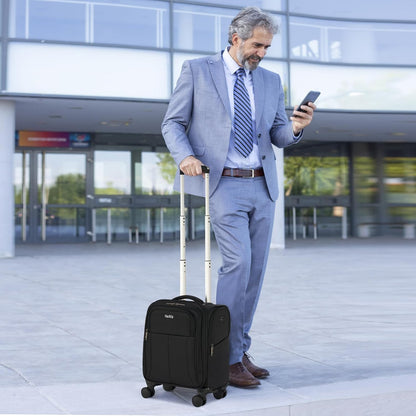 16 Inch Underseat Carry On Luggage with Wheels Softside Small Suitcases Personal Item Bag with Pocket Travel Luggage for Men Women Business Overnight Bag(Black)
