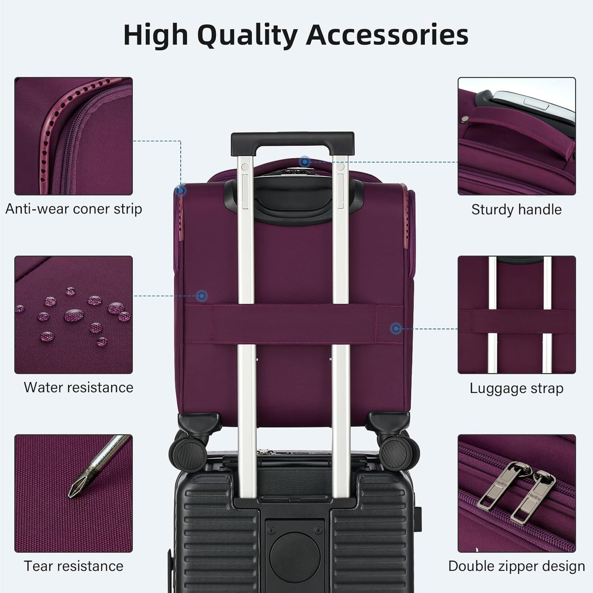 16 Inch Underseat Carry On Luggage with Wheels Softside Small Suitcases Personal Item Bag with Pocket Travel Luggage for Men Women Business Overnight Bag(Black)