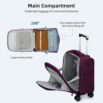 16 Inch Underseat Carry On Luggage with Wheels Softside Small Suitcases Personal Item Bag with Pocket Travel Luggage for Men Women Business Overnight Bag(Black)