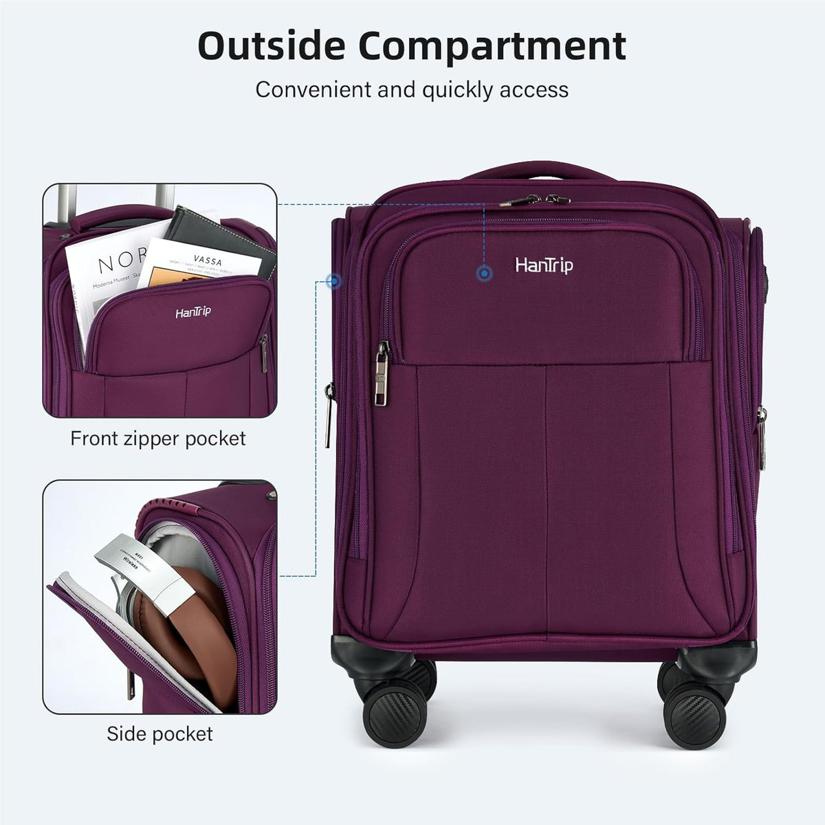 16 Inch Underseat Carry On Luggage with Wheels Softside Small Suitcases Personal Item Bag with Pocket Travel Luggage for Men Women Business Overnight Bag(Black)