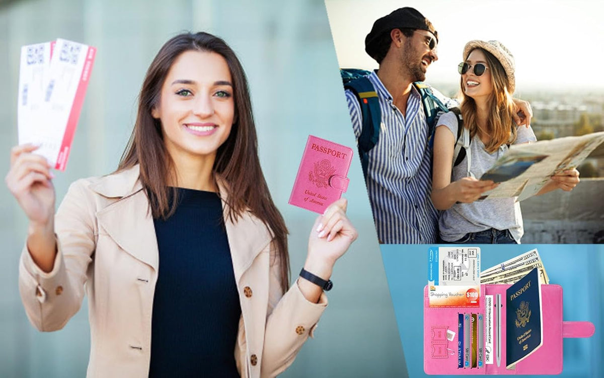 Passport Holder Cover Wallet RFID Blocking Leather Card Case Travel Accessories for Women Men (Pink)
